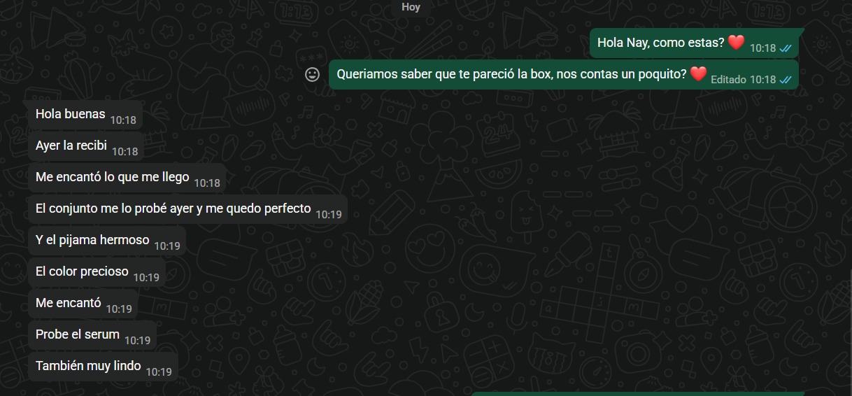 Conversación de WhatsApp sobre la box recibida